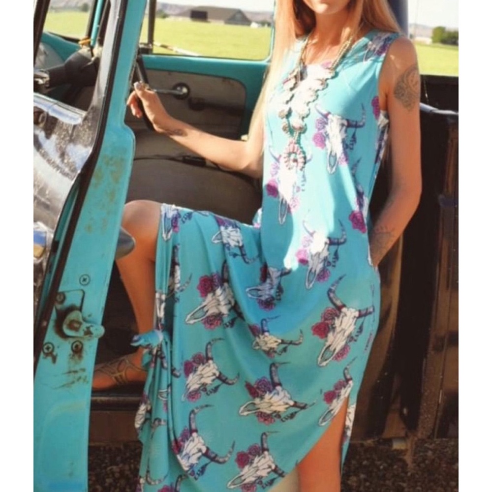 Cheekys Turquoise Bull Skull & Rose Tank Maxi Dress size XXL